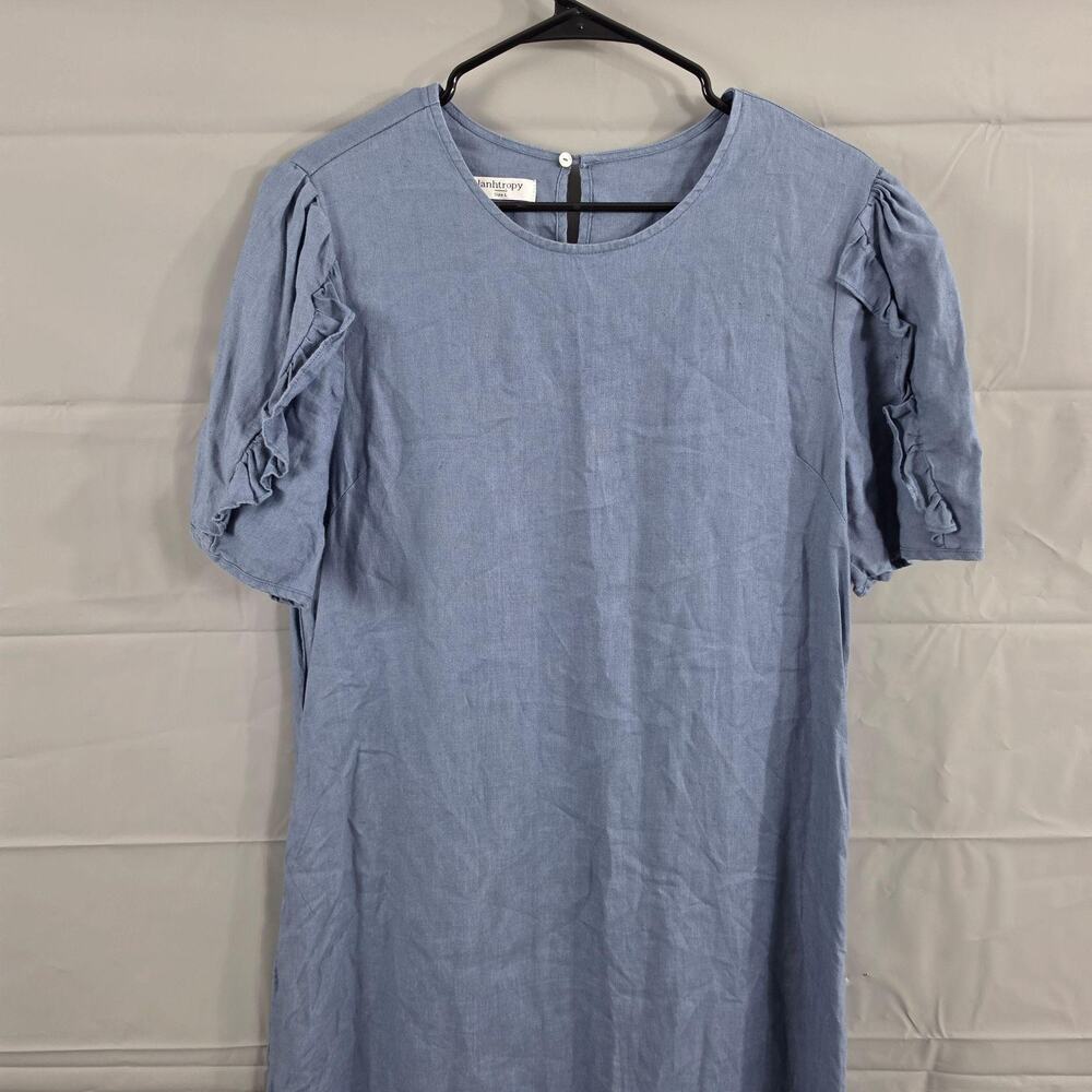 Lanhtropy Dress Large 100% Linen Ruffle Maxi Blue Casual Summer Boho Relaxed - Picture 2 of 10